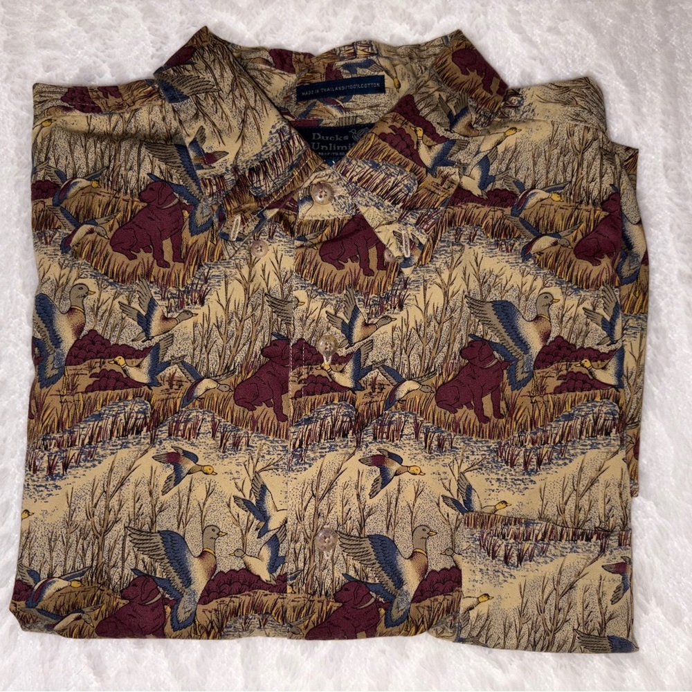 Ducks Unlimited Lab Dogs Flying Ducks Pattern Button-Up SS Shirt Vintage XL